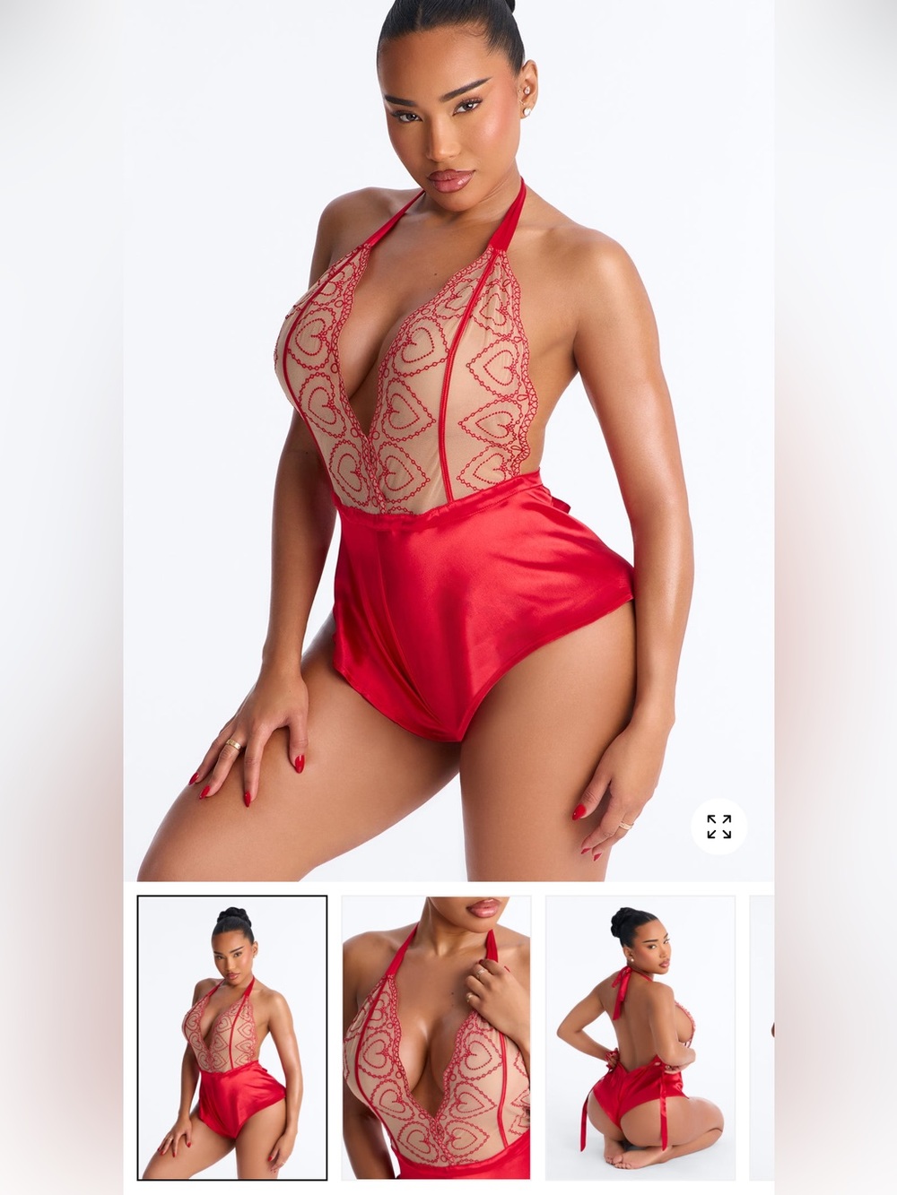 🔥Red Lace Heart Halter Satin Teddy Bodysuit - Women's Intimates